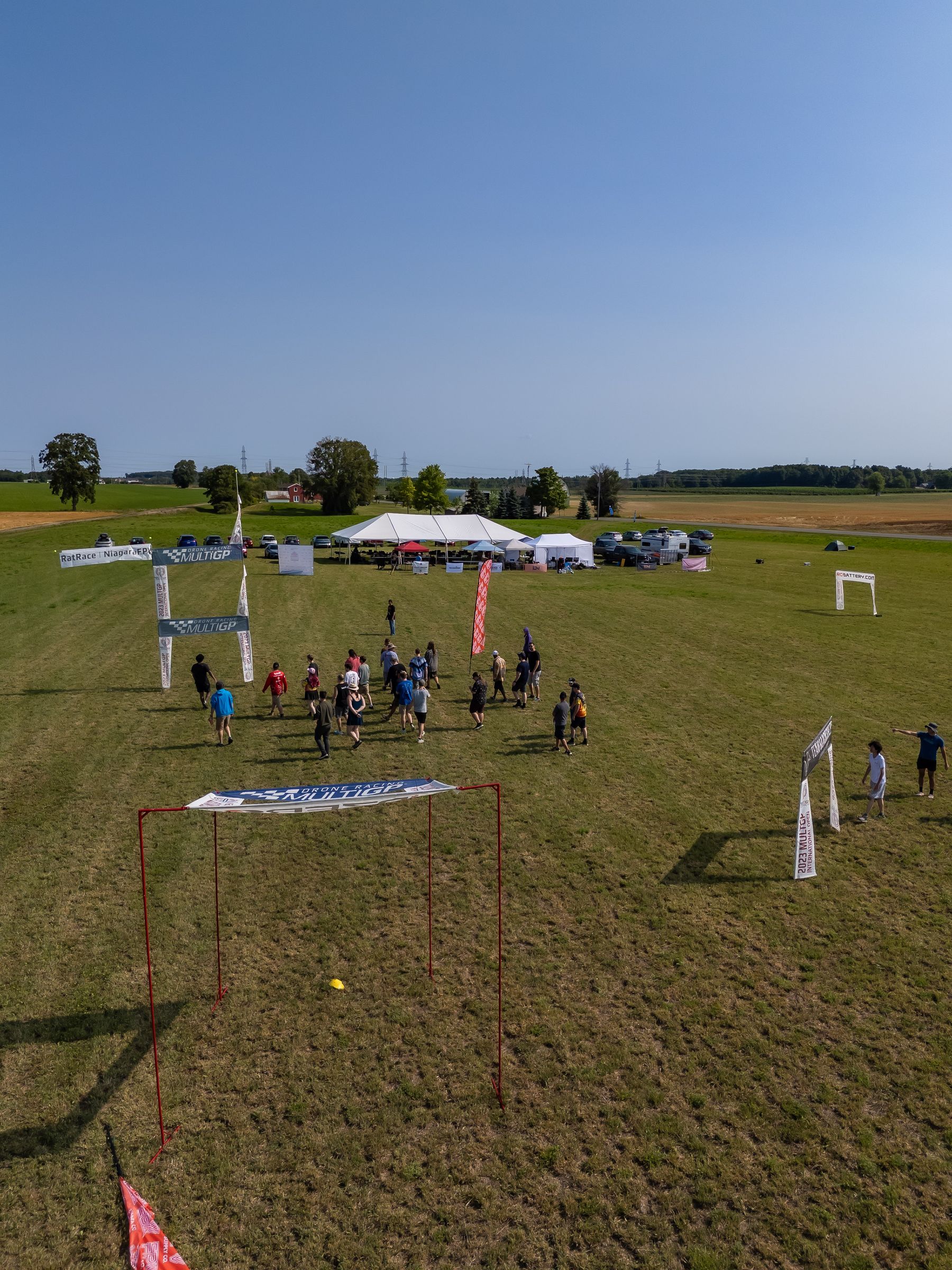 Aerial view of the MultiGP race gates set up on the course at PrecisionFPV Field